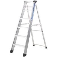 Silver Zarges 3m Class 1 industrial swingback step ladder with five wide treads and black non-slip feet.