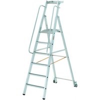 Zarges Mobile Masterstep ladder with five treads, handrails, and a sturdy platform, in silver aluminum finish.