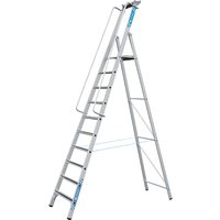 Aluminum ZARGES ladder with 10 steps, dual side handrails, and self-assembly design