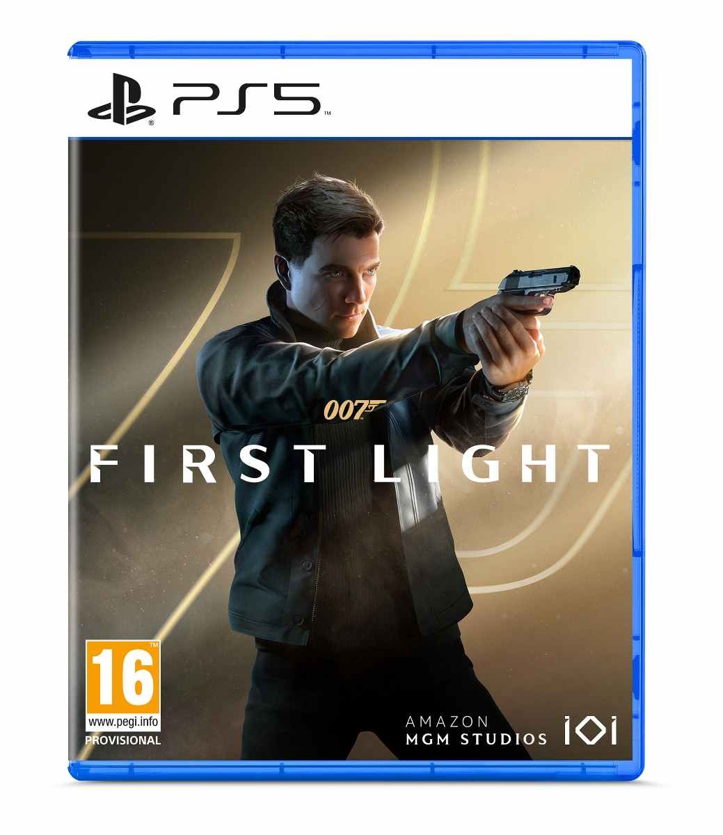 PS5 game case for "007 First Light" featuring a character in a black jacket holding a gun, with a sleek design and gold accents on the cover.
