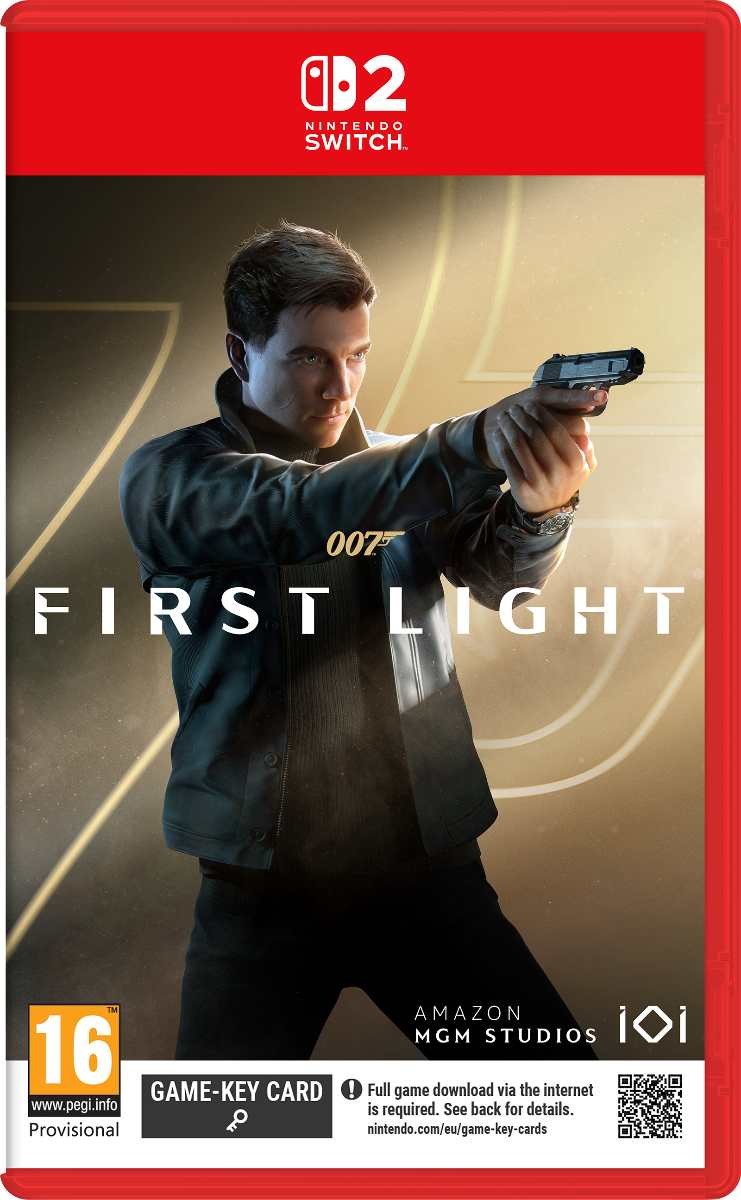 A red Nintendo Switch game case featuring "007 First Light," with a male character in a black jacket holding a gun, and the iconic 007 logo in gold.
