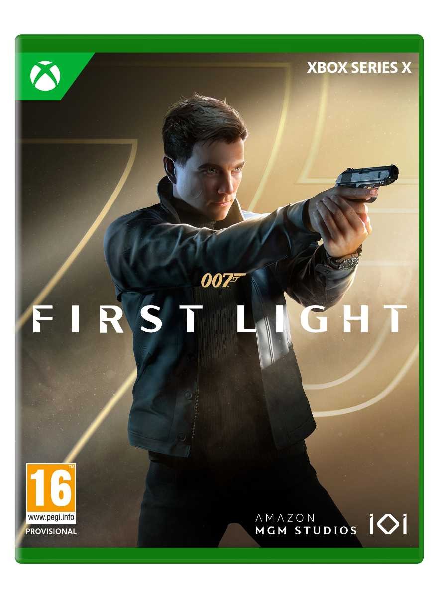 007 First Light for Xbox X features a male character in a black leather jacket holding a gun, with the title prominently displayed in bold white lettering against a green box design.