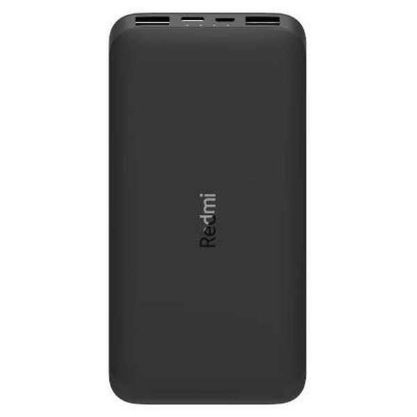 Black Xiaomi Redmi 10,000mAh power bank with a sleek, matte finish, featuring multiple USB ports and the "Redmi" logo prominently displayed on the front.