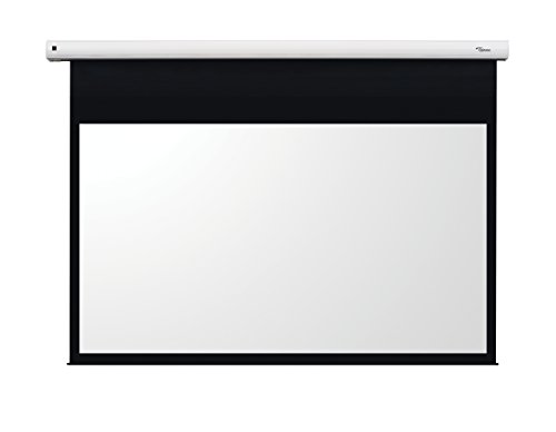 106-inch diagonal electric projector screen with a 16:9 aspect ratio, featuring a sleek white screen and a black border, housed in a white casing.