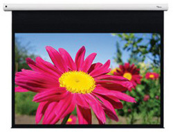 109" diagonal electric projector screen by Optoma, featuring a white casing, black border, and vibrant floral image displayed on the screen.