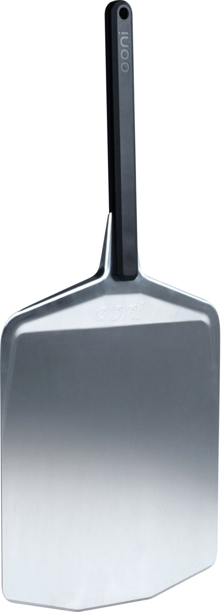 Stainless steel 12-inch pizza peel with a sleek, shiny surface and a black ergonomic handle, designed for easy pizza transfer and serving.