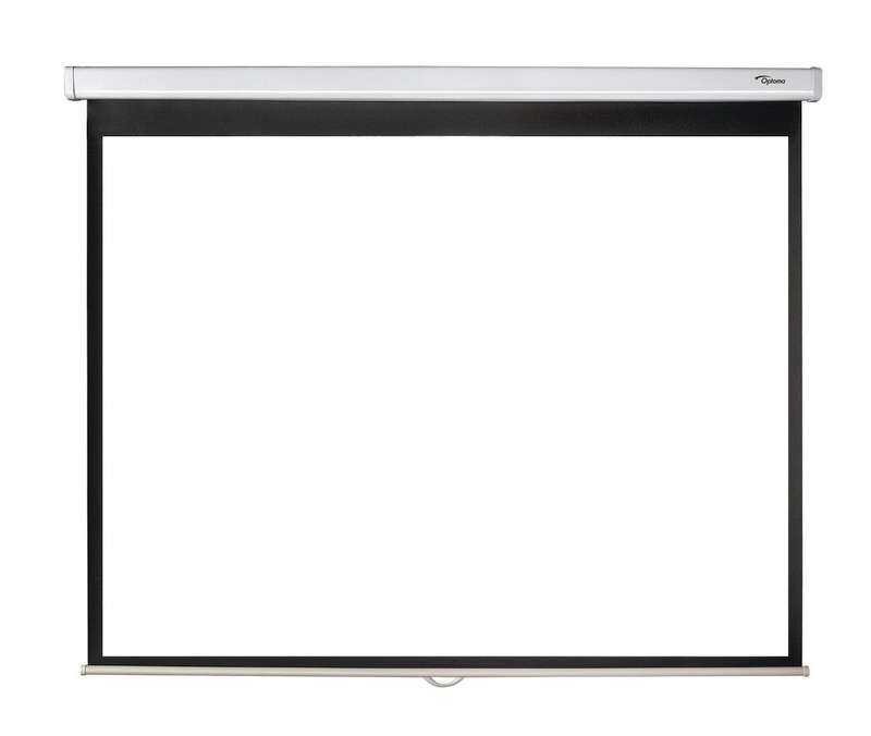 Optoma DS-1123PMG+ projection screen, 3.12 m (123"), features a sleek black frame and a white matte surface, designed for 16:10 aspect ratio presentations.