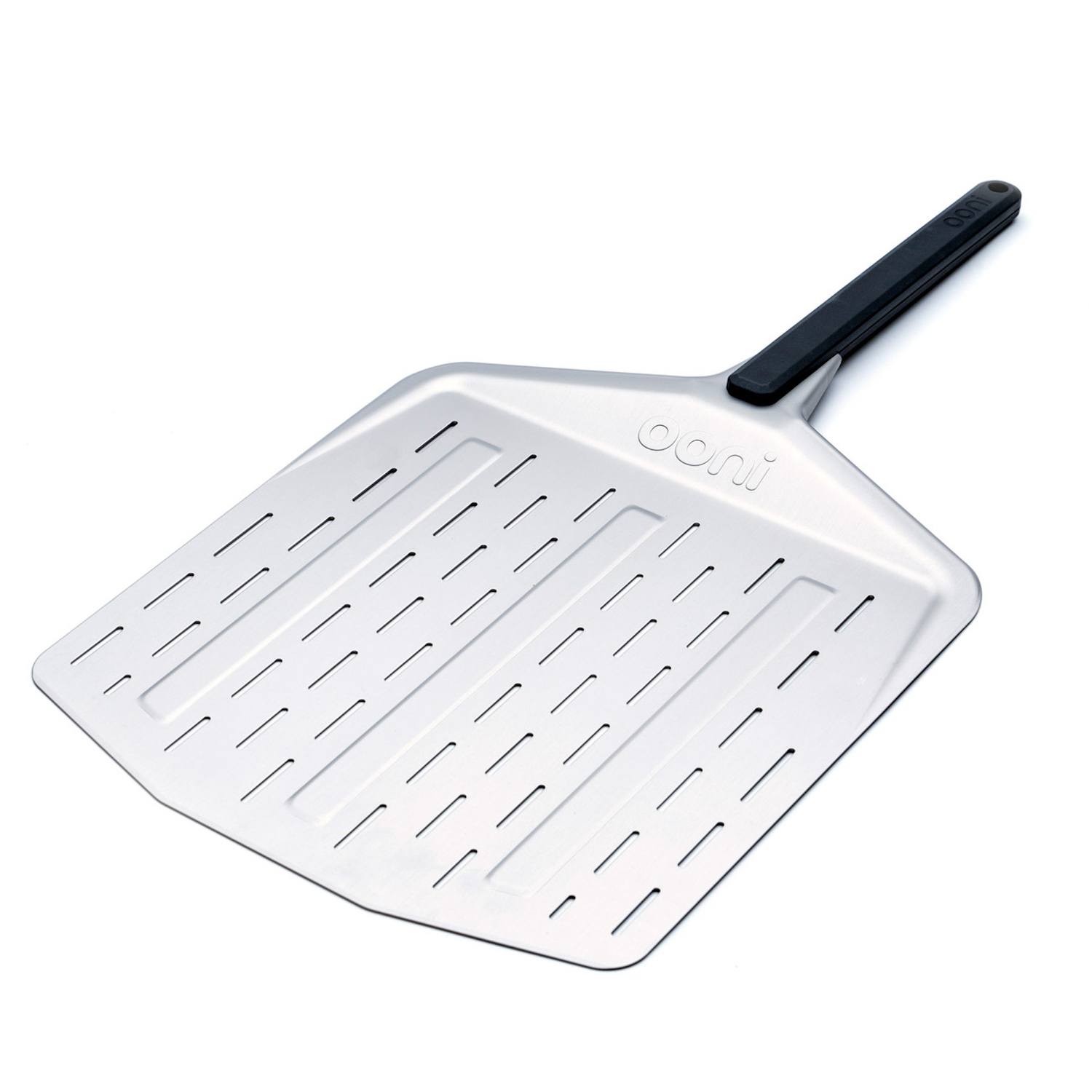 Perforated pizza peel measuring 14 inches, featuring a sleek black handle and a silver aluminum surface with slotted openings for easy food release.