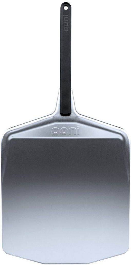 Silver aluminum pizza peel with a smooth, flat surface and a black handle, featuring the Ooni logo embossed on the blade.