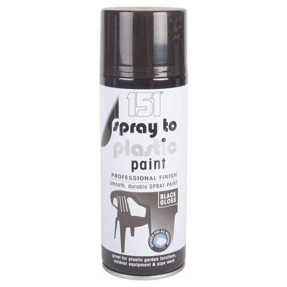 Black gloss spray paint canister labeled "151 Spray to Plastic Paint," featuring a smooth, durable finish, ideal for plastic surfaces, with a graphic of a chair on the label.