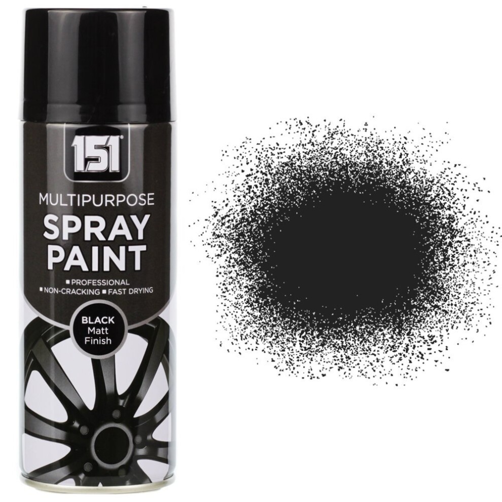 400ml can of 151 Black Matt Spray Paint featuring a sleek black design with a professional label, indicating it's multipurpose, non-cracking, and fast drying.