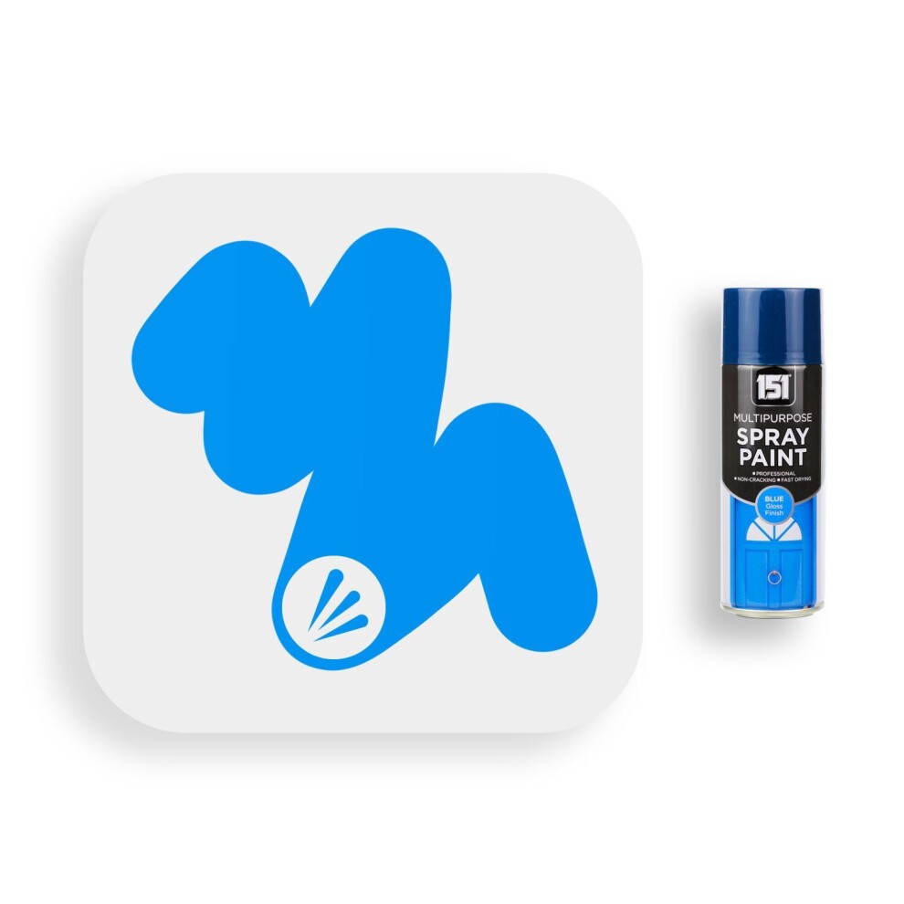 Bright blue 400ml spray paint can with a glossy finish, featuring a black label that reads "151 Multipurpose Spray Paint" and a graphic design element in the background.