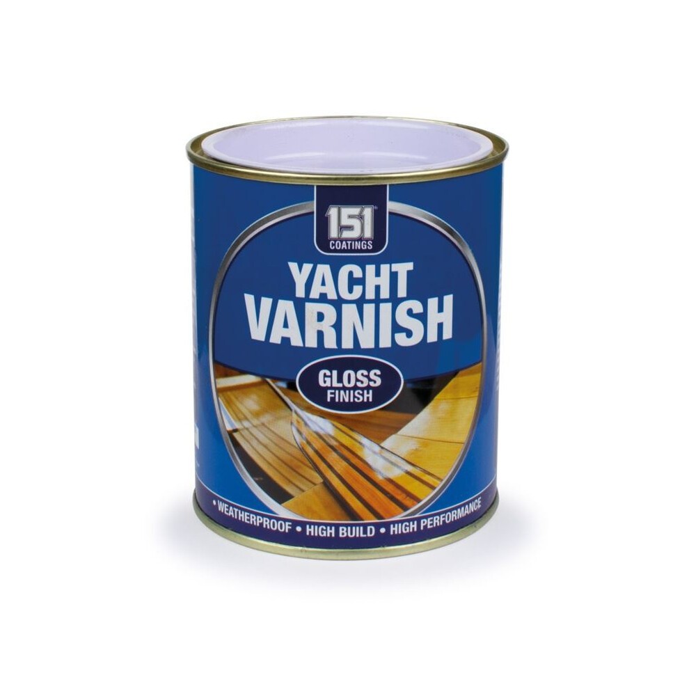 Glossy blue tin of 151 Coatings Yacht Varnish, 300ml, featuring a wooden surface graphic, labeled with "Yacht Varnish" and key features like "Weatherproof" and "High Performance."