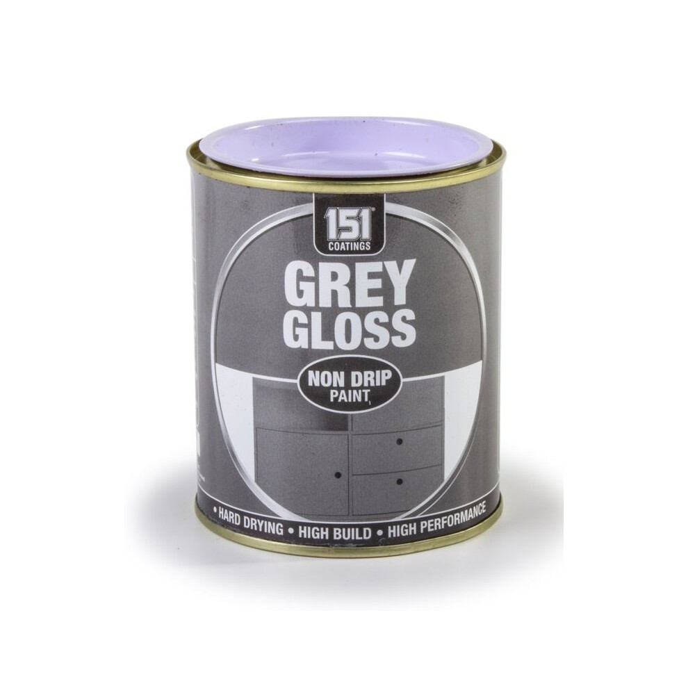 Non-drip gloss paint in a 300ml can, featuring a grey color, labeled with "151 Coatings" and key features like "hard drying" and "high performance."