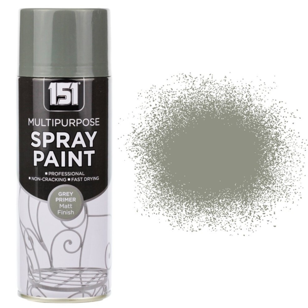 400ml can of 151 Grey Primer Spray Paint featuring a matte finish, labeled as multipurpose and professional, with a spray pattern of grey paint beside it.