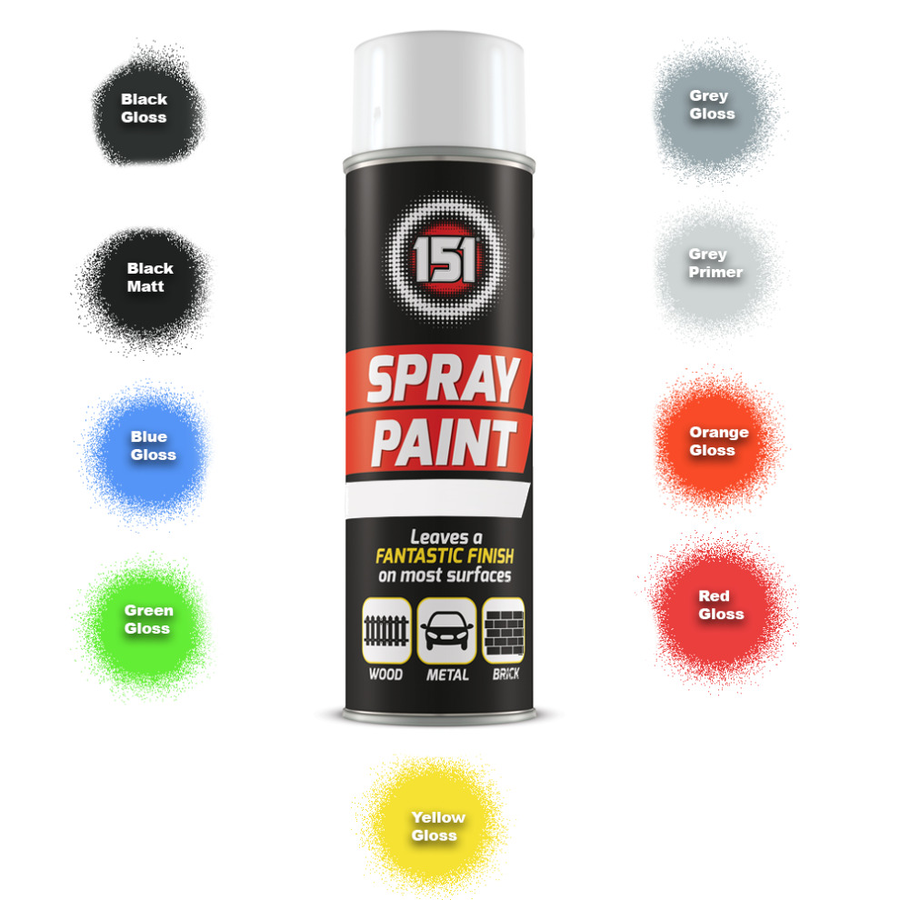 Aerosol spray paint can with a black and red label, featuring the text "151 SPRAY PAINT," and surrounded by color swatches for various gloss finishes including blue, green, and red.