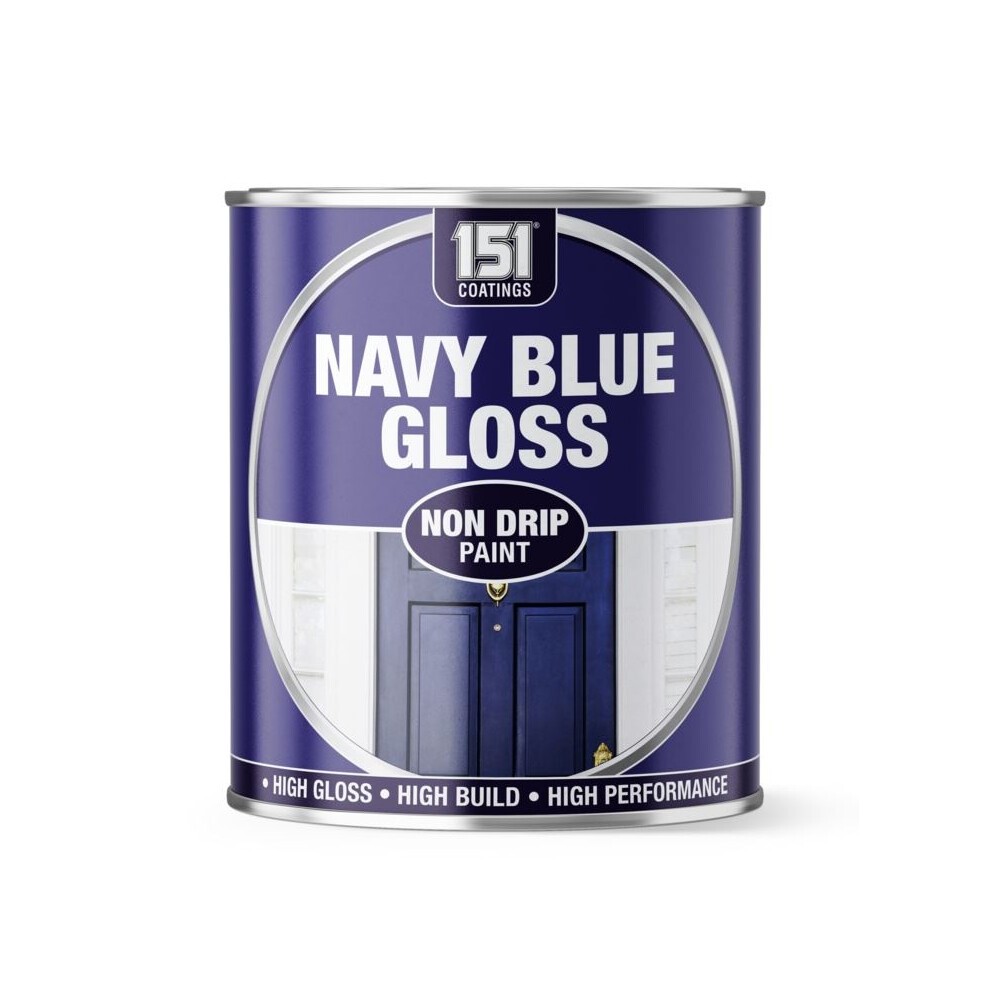 Navy blue non-drip gloss paint in a 300ml metal can featuring a prominent label with "151 Coatings" and key features highlighted at the bottom.