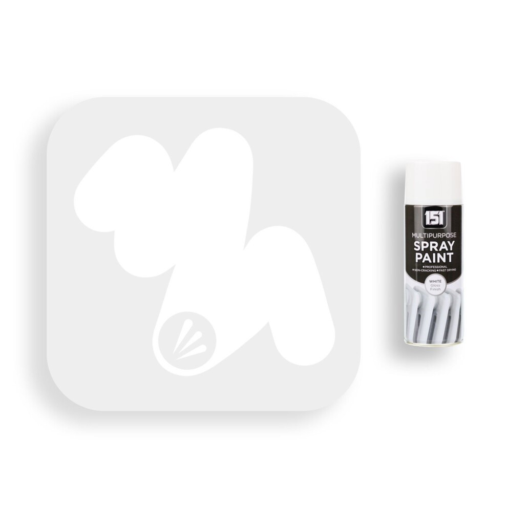 400ml can of 151 White Gloss Spray Paint featuring a sleek white design with a black label, indicating it's suitable for multipurpose use.