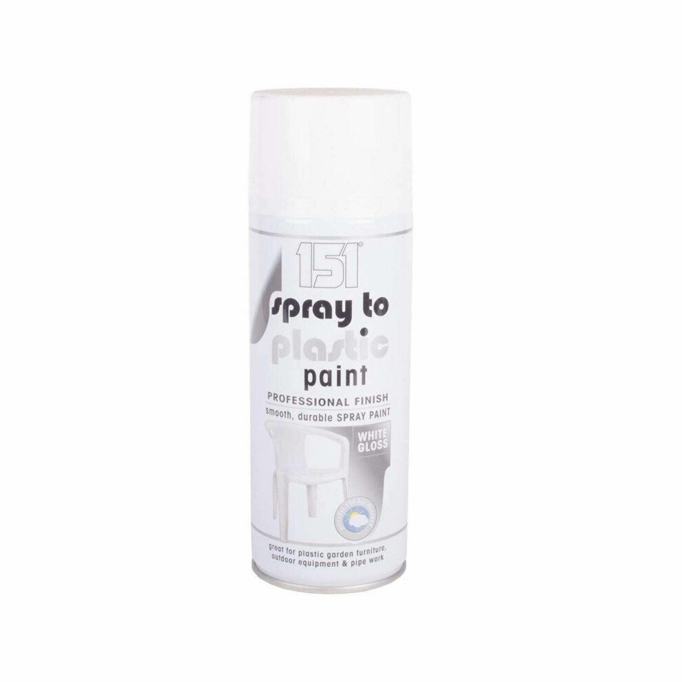White gloss spray paint in a 400ml can, labeled "151 Spray to Plastic Paint," featuring a smooth finish and designed for plastic surfaces.