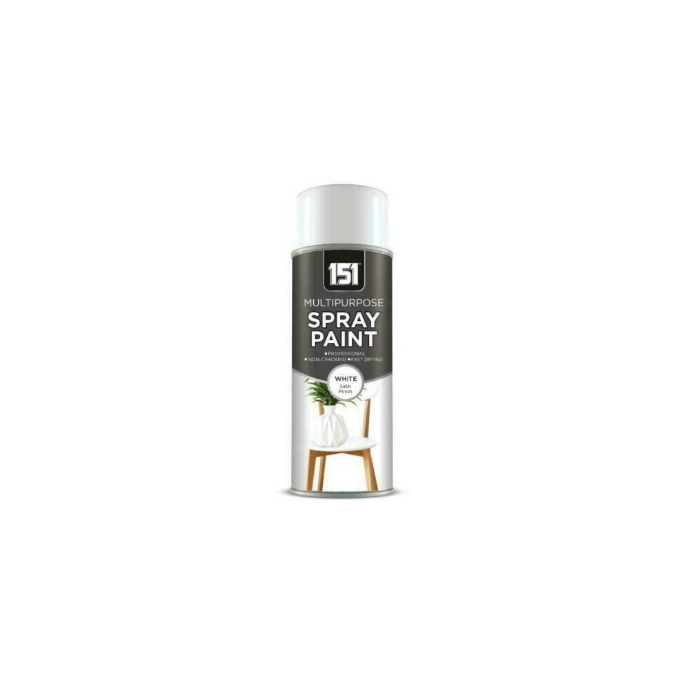 White satin spray paint in a 400ml can, featuring a sleek design with a clear lid and a label displaying "151 MULTIPURPOSE SPRAY PAINT" and a white chair illustration.