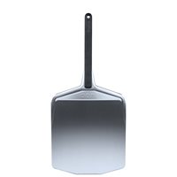 Silver aluminum pizza peel with a 16-inch wide, flat surface and a black handle, designed for easy pizza transfer and baking.