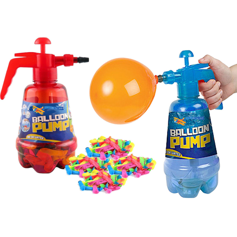 Red and blue 2-in-1 water balloon pump with a transparent body, featuring colorful balloon ties and an orange balloon being inflated.