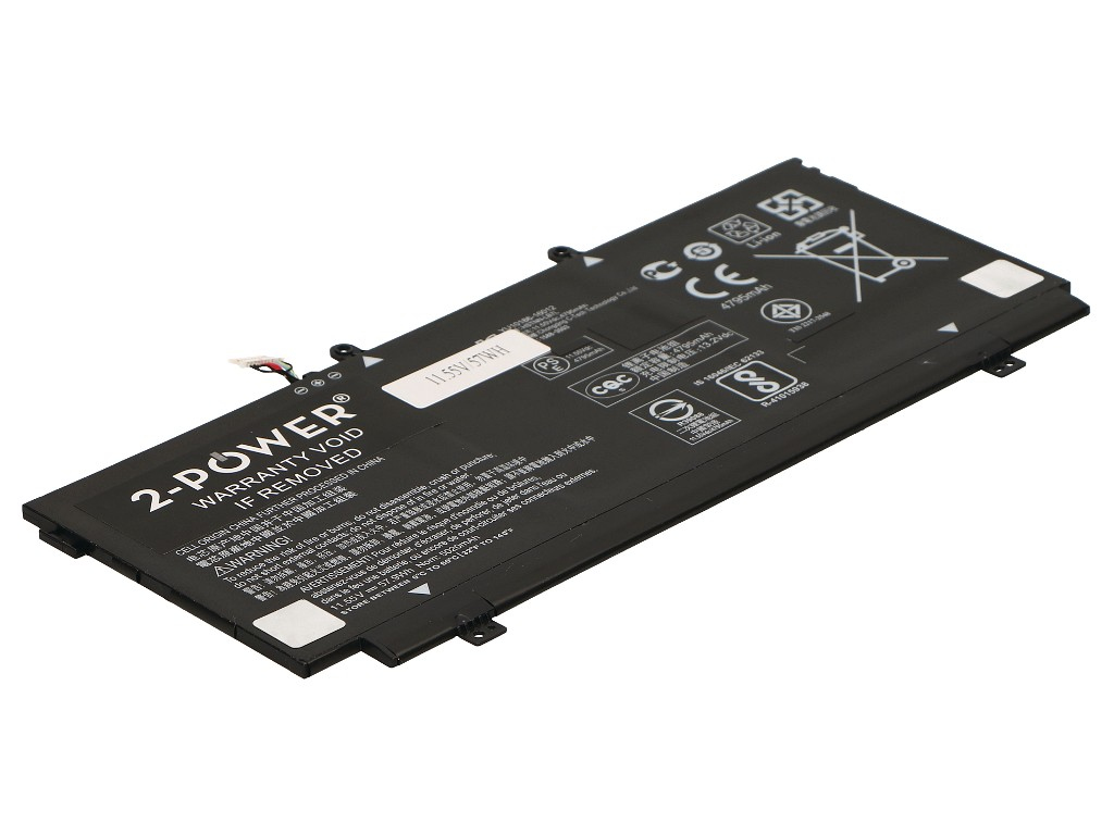 Black 2-Power 11.55V 5020mAh Li-Polymer laptop battery featuring multiple certification logos, a warranty label, and connection points on a flat, rectangular design.