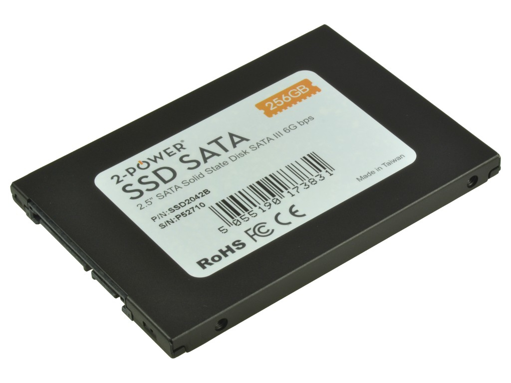 Black 2-Power 256GB SSD with a 2.5-inch form factor, SATA interface, 6Gbps speed, and a 7mm thickness, featuring a sleek, rectangular design.