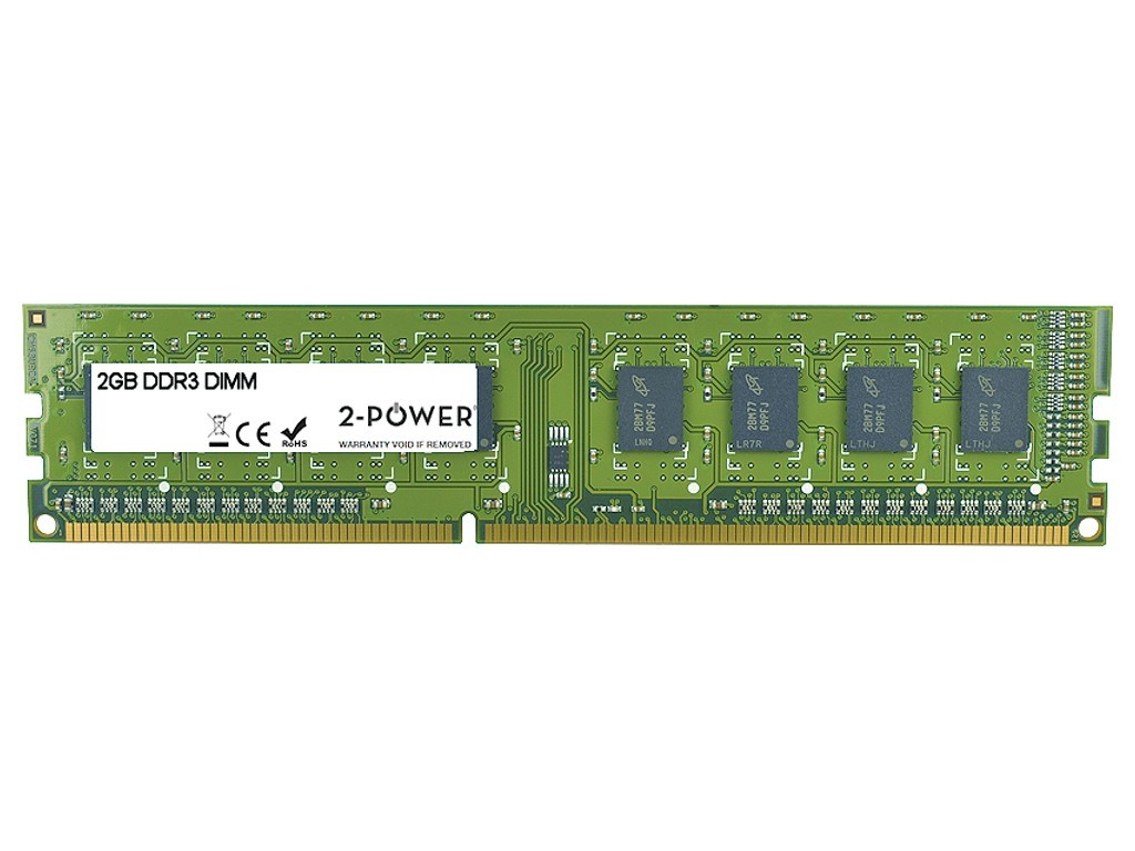 Green circuit board with gold connectors, featuring 2GB DDR3 DIMM memory by 2-Power, labeled with specifications and certification icons.