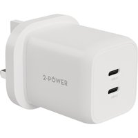 White 2-Power power adapter with dual USB-C ports and UK plug design.