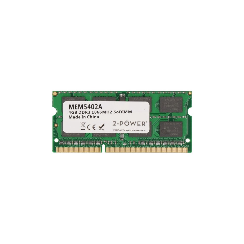 Green 4GB DDR3 1866MHz SODIMM memory module with two black chips, white label detailing specifications, and gold connectors on the bottom edge.