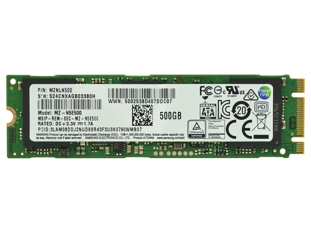 500GB M.2 SSD by 2-Power featuring a green circuit board, gold connectors, and labeled specifications including model number MZ-NES500 and various certification logos.