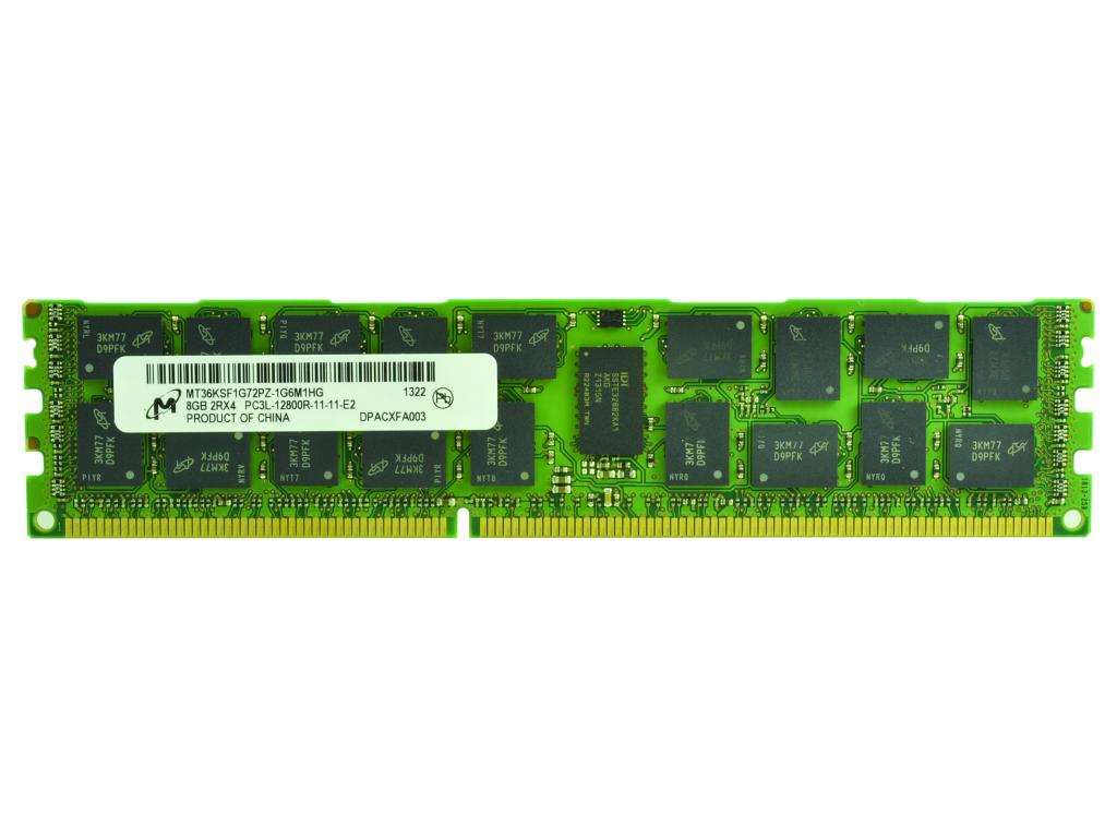 Green printed circuit board featuring 2-Power 8GB DDR3L 1600MHz ECC RDIMM memory module with 16 black memory chips and gold connectors along the bottom edge.