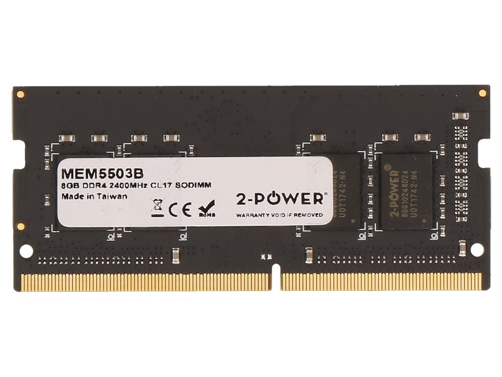 Black SODIMM memory module with gold connectors, labeled "2-Power 8GB DDR4 2400MHz CL17," featuring a white sticker with model number and manufacturing details.
