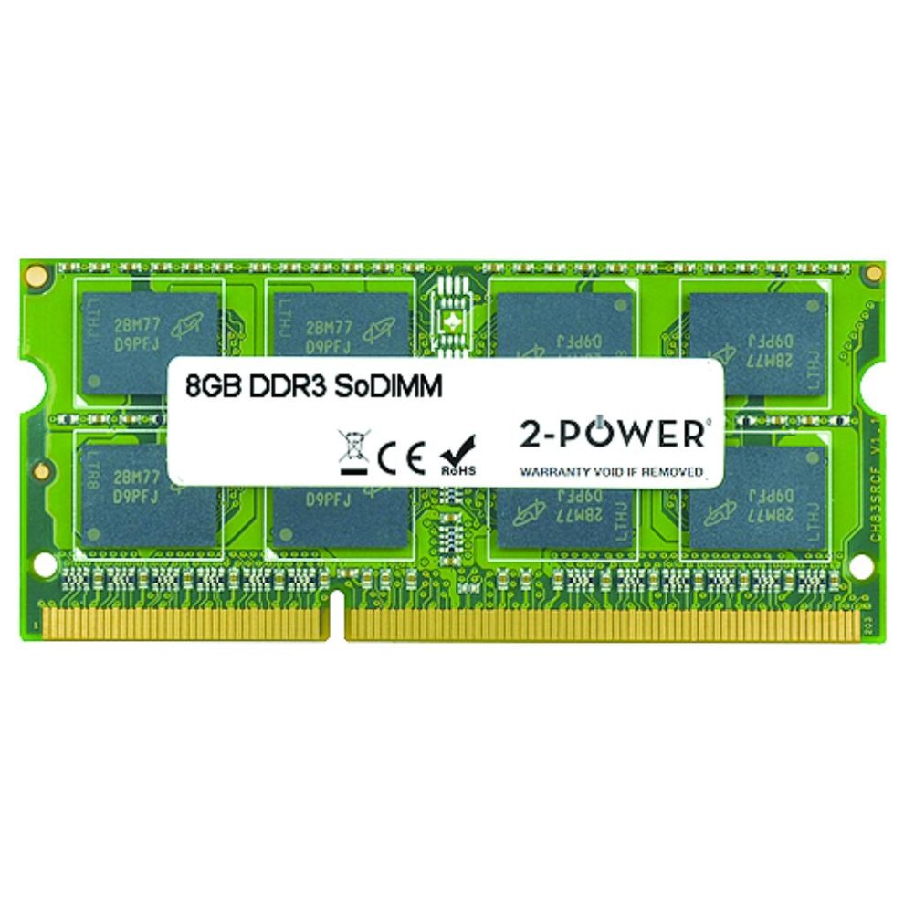Green circuit board featuring 8GB DDR3 SODIMM memory with multiple chips, labeled "2-Power," supporting 1066/1333/1600 MHz speeds, with a white warranty sticker.