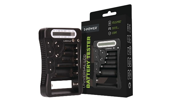 Black plastic battery tester with an LCD display, featuring multiple slots for different battery sizes, alongside its packaging showing the brand and product name.