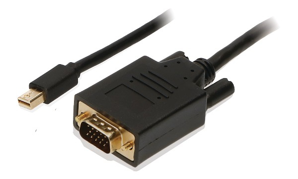 Black video cable adapter with a Mini DisplayPort connector on one end and a gold-plated VGA (D-Sub) connector on the other, featuring a sturdy plastic housing.