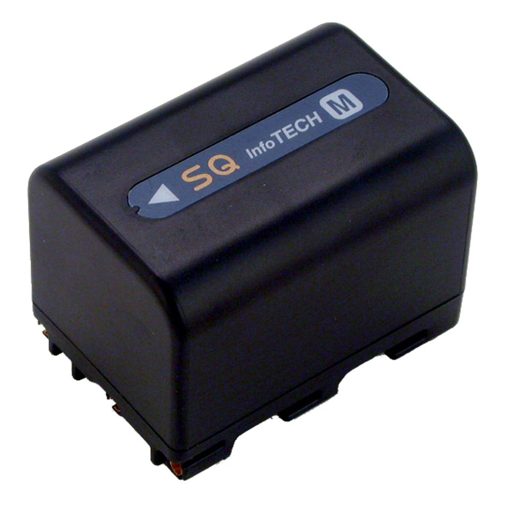 Black camcorder battery with a smooth plastic finish, featuring a blue label with "SQ InfoTECH M" and specifications, designed for 7.2v and 2800mAh performance.