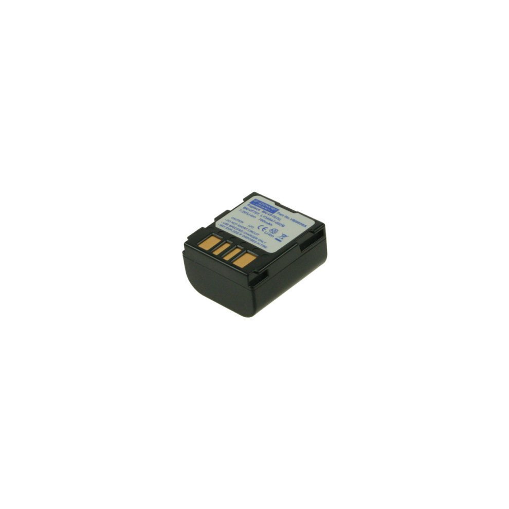 Black camcorder battery with a blue and white label, featuring gold contact points on the bottom, labeled 7.2V and 750mAh, designed for 2-Power devices.