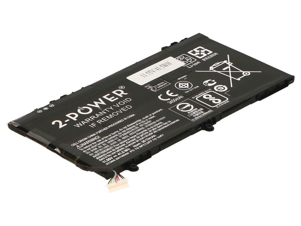 Black 2-Power CBP3615A laptop battery with labels, connectors, and safety symbols, featuring a sleek, rectangular design and a compact size for easy installation.