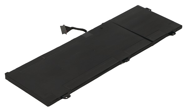 Black rectangular laptop battery with a smooth surface, featuring a connector cable on one end and multiple mounting points for secure installation.