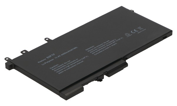 Black laptop battery with a smooth plastic finish, featuring multiple connection points and printed technical details on one side.