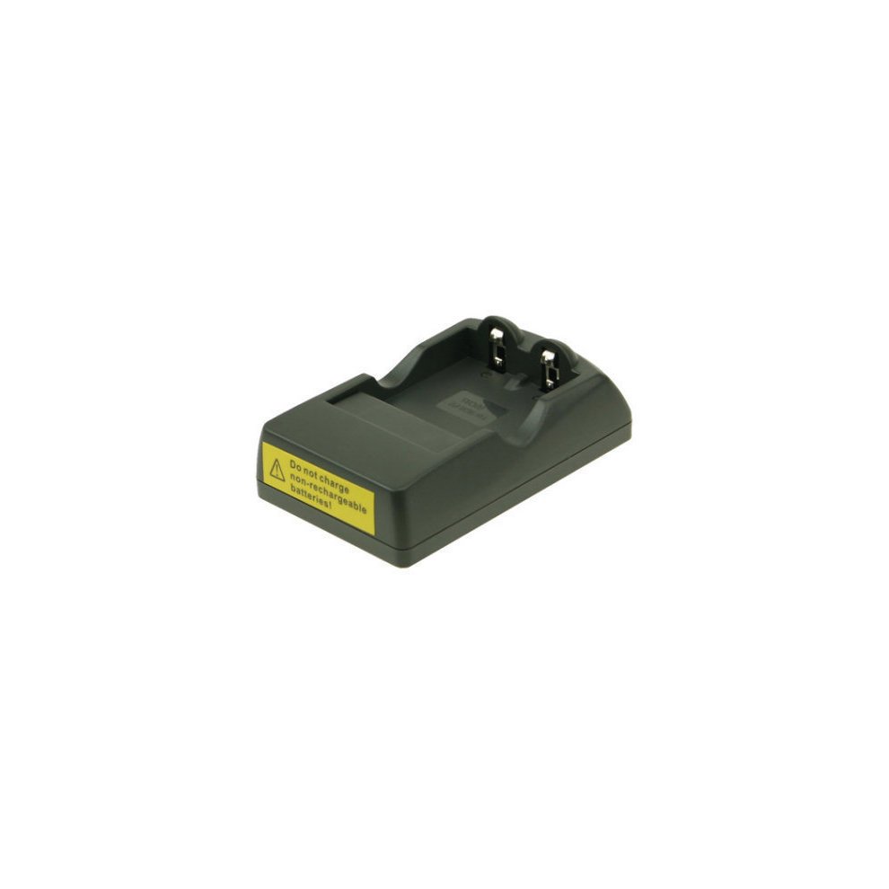 Compact gray battery charger with two prongs and a yellow caution label, designed for 2-Power DBC0151A batteries.