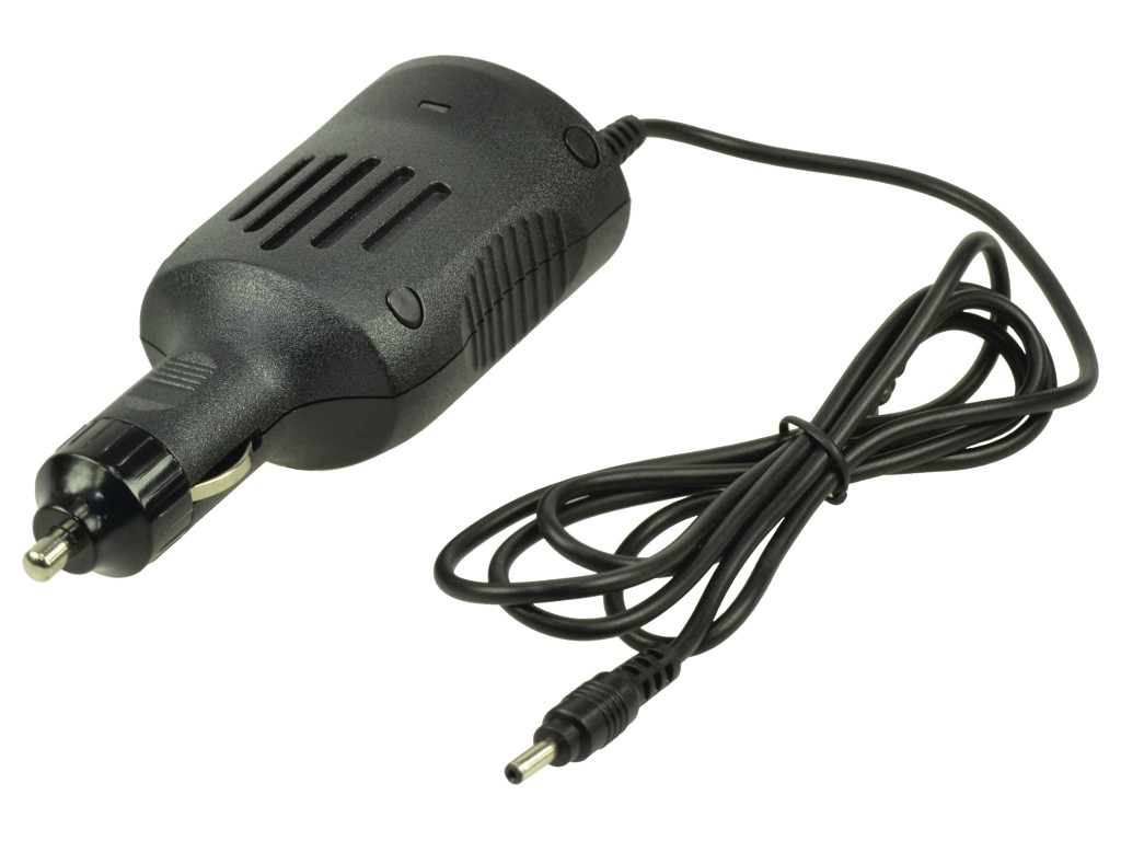 Black 2-Power DC car charger with a 19V 2.1A output, featuring a cylindrical plug, textured grip, ventilation slots, and a long black cable.