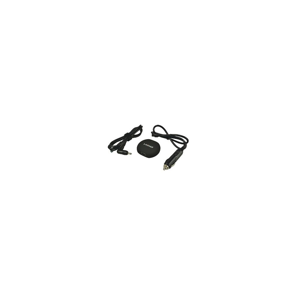Black 2-Power DC car charger with a 90W output, featuring a compact design, two cables, and a connector for vehicle power sockets.