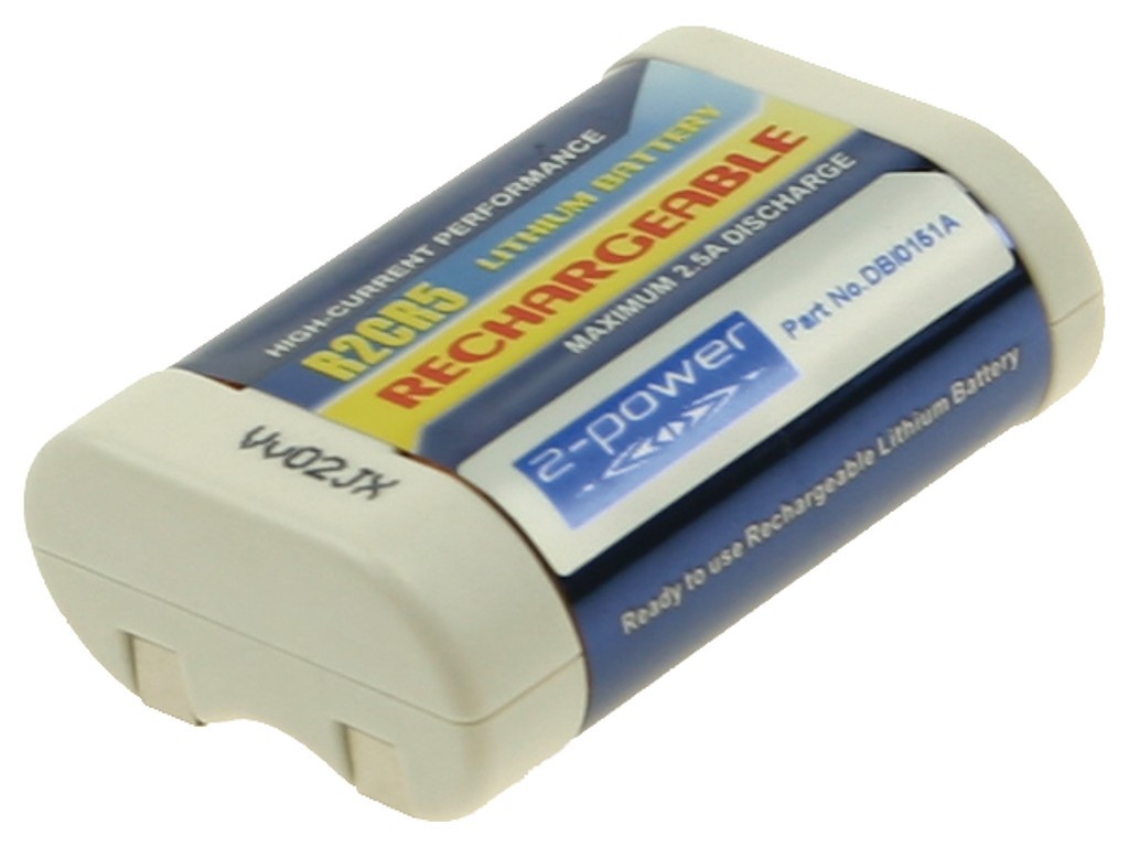 Rechargeable 2-Power digital camera battery in blue and white, featuring a compact design, labeled with "6V 500mAh" and "R2CH15," suitable for high-current performance.