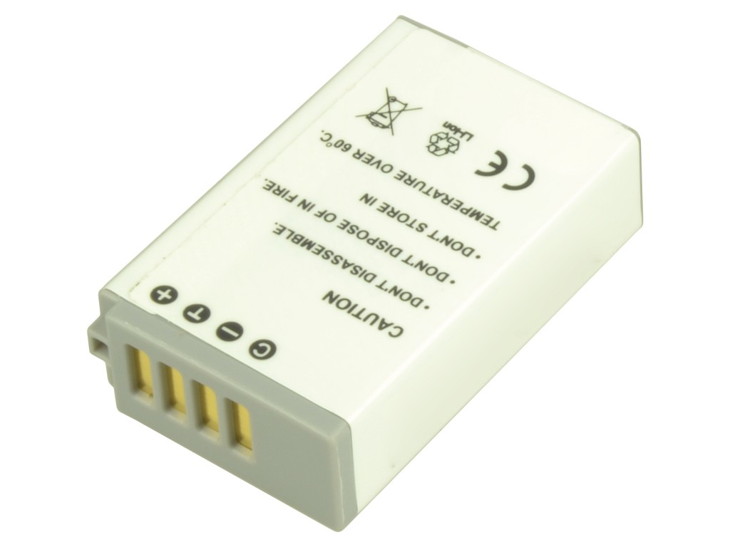 White rectangular digital camera battery with a 7.2V 850mAh label, featuring gold contact points and caution symbols on one side.