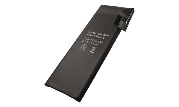 Black lithium-ion mobile phone battery compatible with Apple iPhone 5, featuring specifications printed on the surface, including voltage and capacity details.