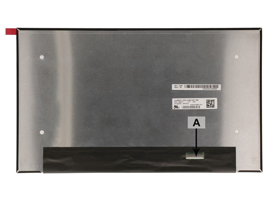Silver metal laptop spare part with adhesive tape at the bottom, featuring a label with barcode and model number, and a black strip for connection.