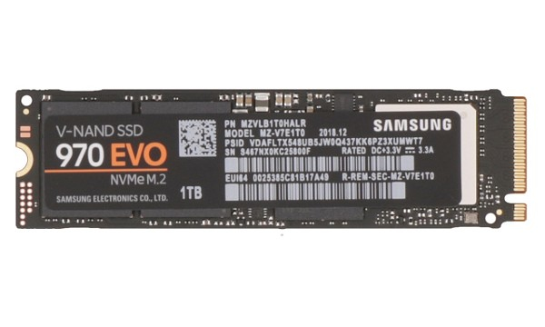 Black M.2 PCI Express solid state drive with a sleek design, featuring a label that includes "Samsung 970 EVO" and specifications, indicating a storage capacity of 1 TB.